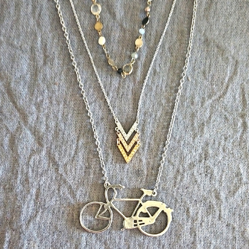 Swarovski, AE & LOFT 3 Necklace Set Bicycle, Chevron Layering Multi Tones Metal